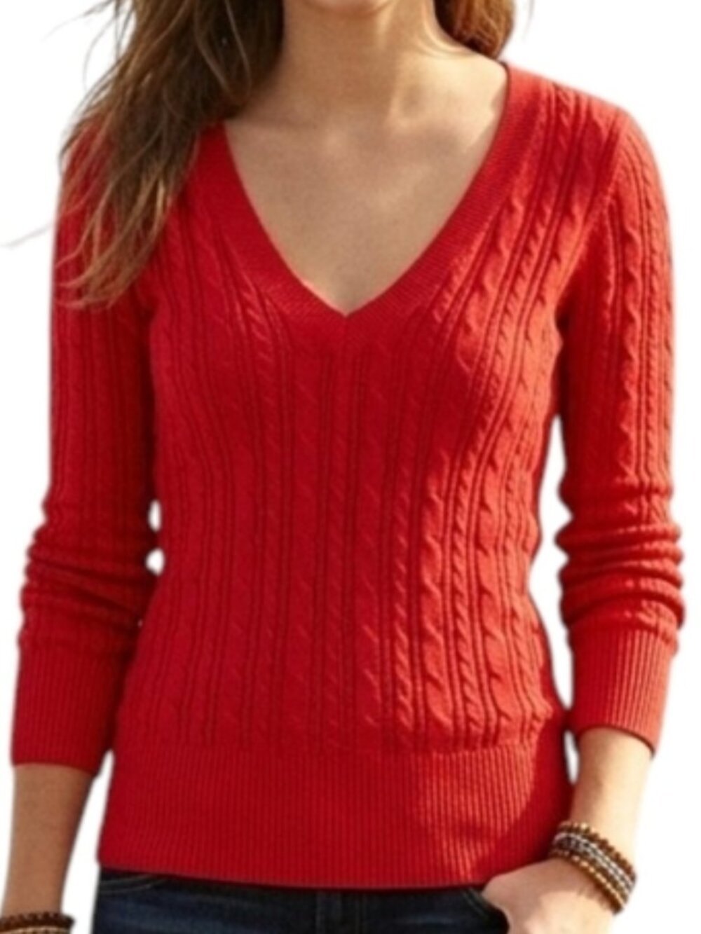 American Eagle Cable Knit Sweater Red Deep V Neck Women Large Fitted Preppy Y2K